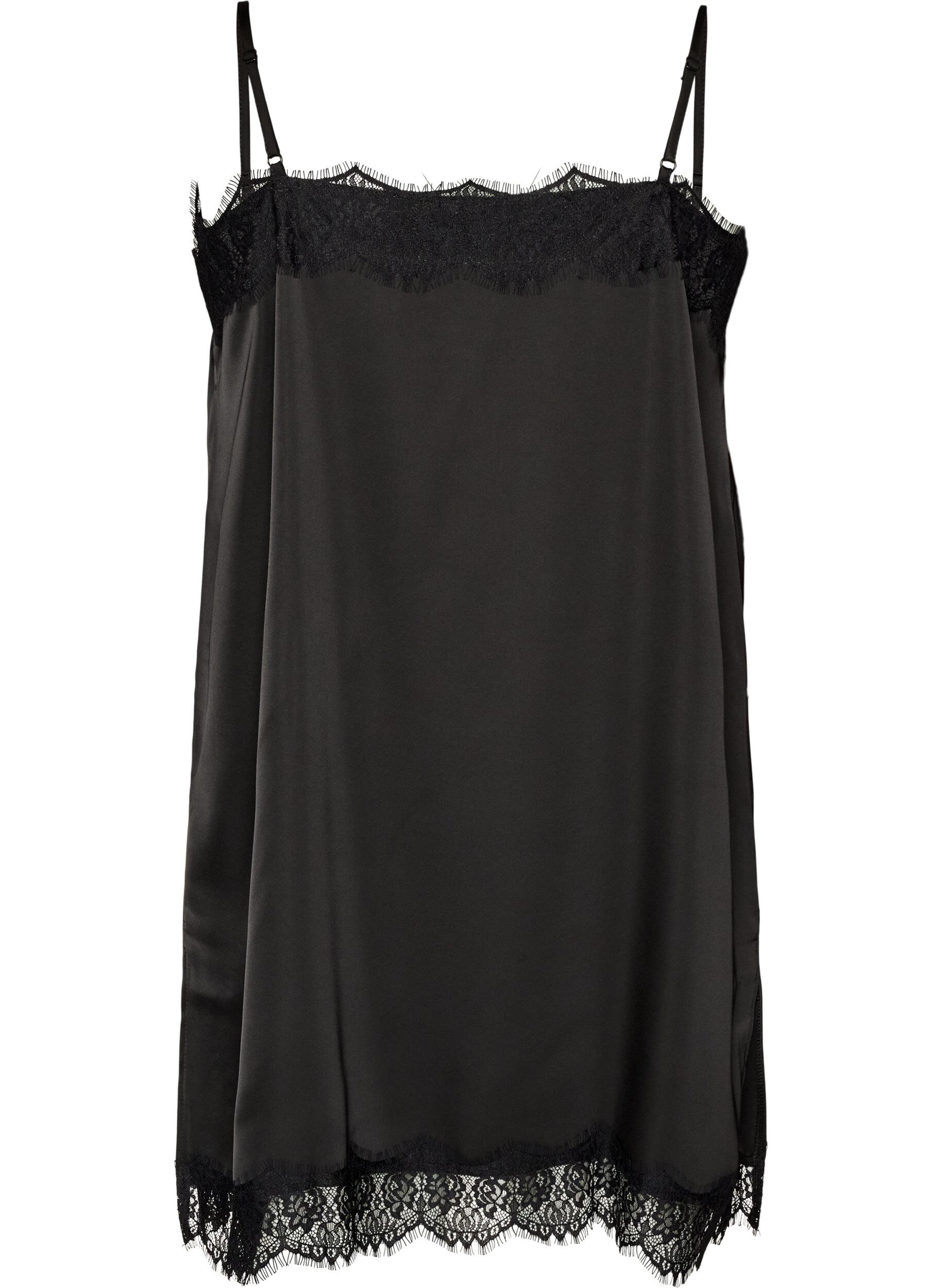 ZizzifashionLong satin top with lace edges, Black, Packshot image number 1