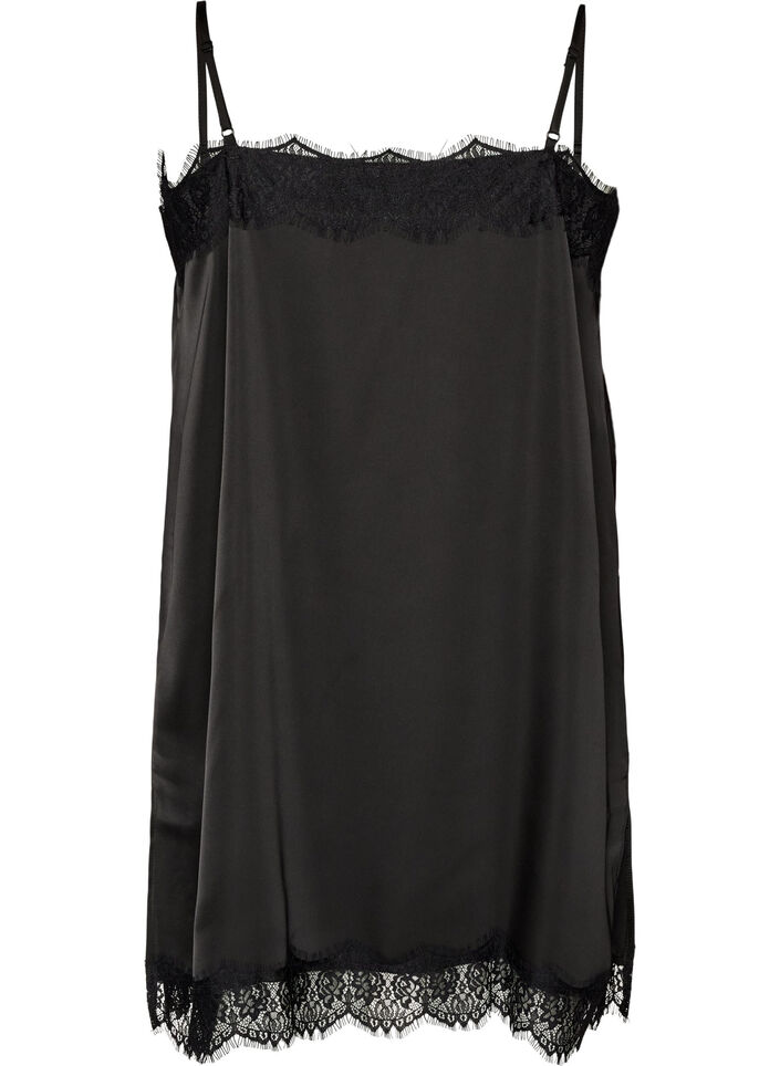 Long satin top with lace edges, Black, Packshot image number 1