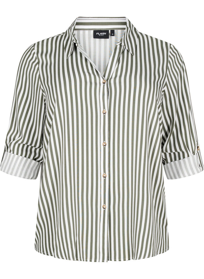 FLASH - Striped shirt with rolled-up sleeves, Green, Packshot image number 0