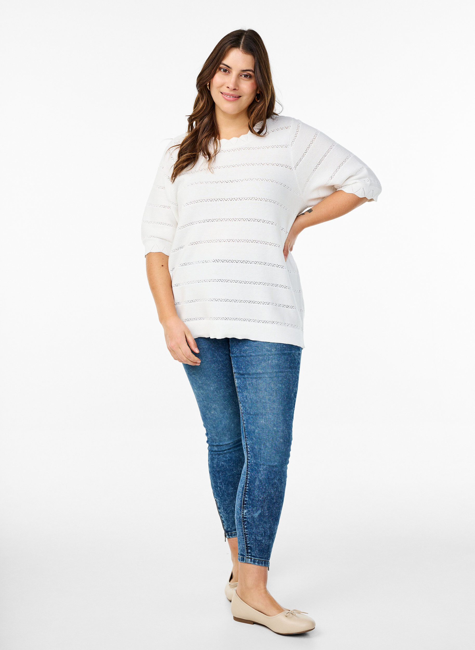 Zizzifashion Knitted blouse with a striped openwork pattern and short sleeves, Vanilla, Model image number 1