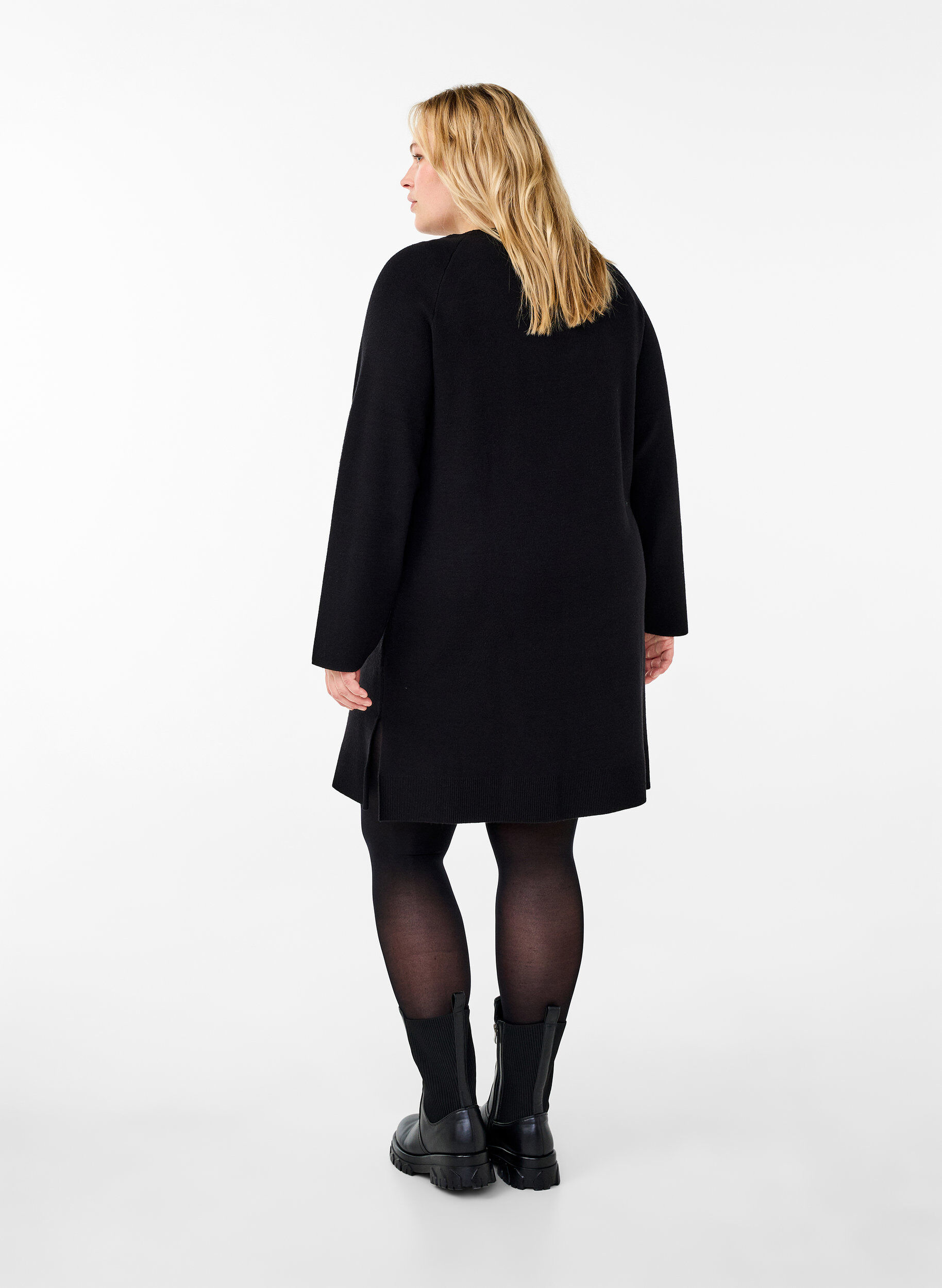 Zizzifashion Knitted dress with a round neck and slit, Black, Model image number 2