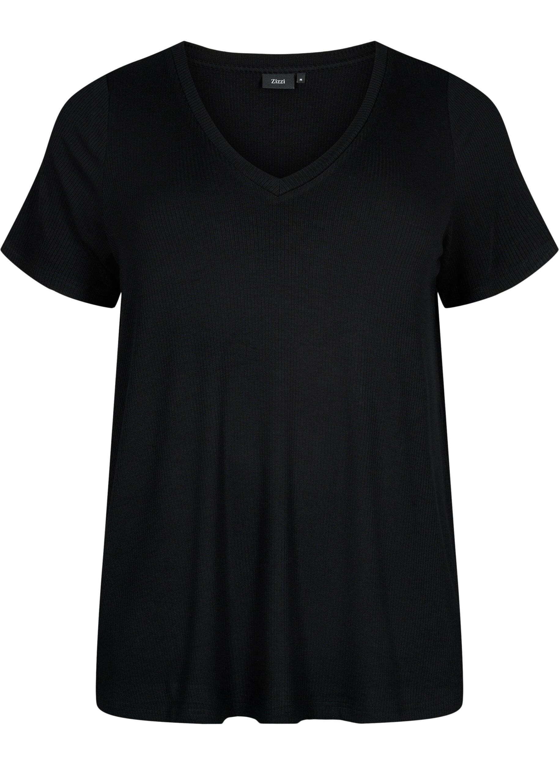 Zizzifashion Ribbed T-shirt with LENZING&trade; ECOVERO&trade; Viscose, Black, Packshot image number 0