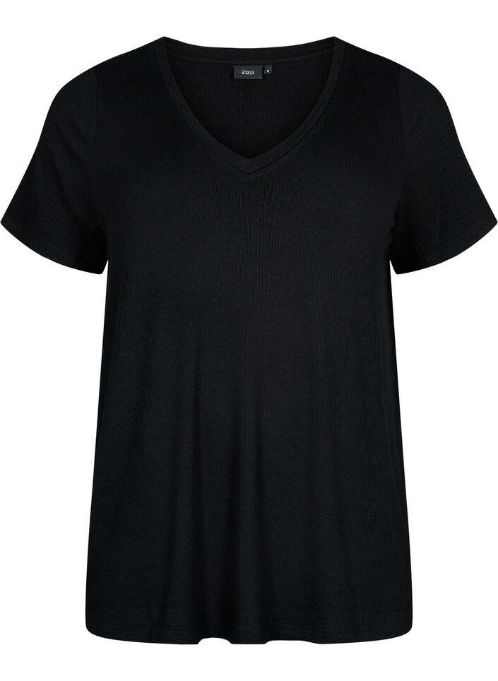 Ribbed T-shirt with LENZING™ ECOVERO™ Viscose, Black, Packshot image number 0