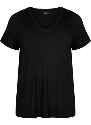 Ribbed viscose T-shirt with v-neck, Black, Packshot image number 0