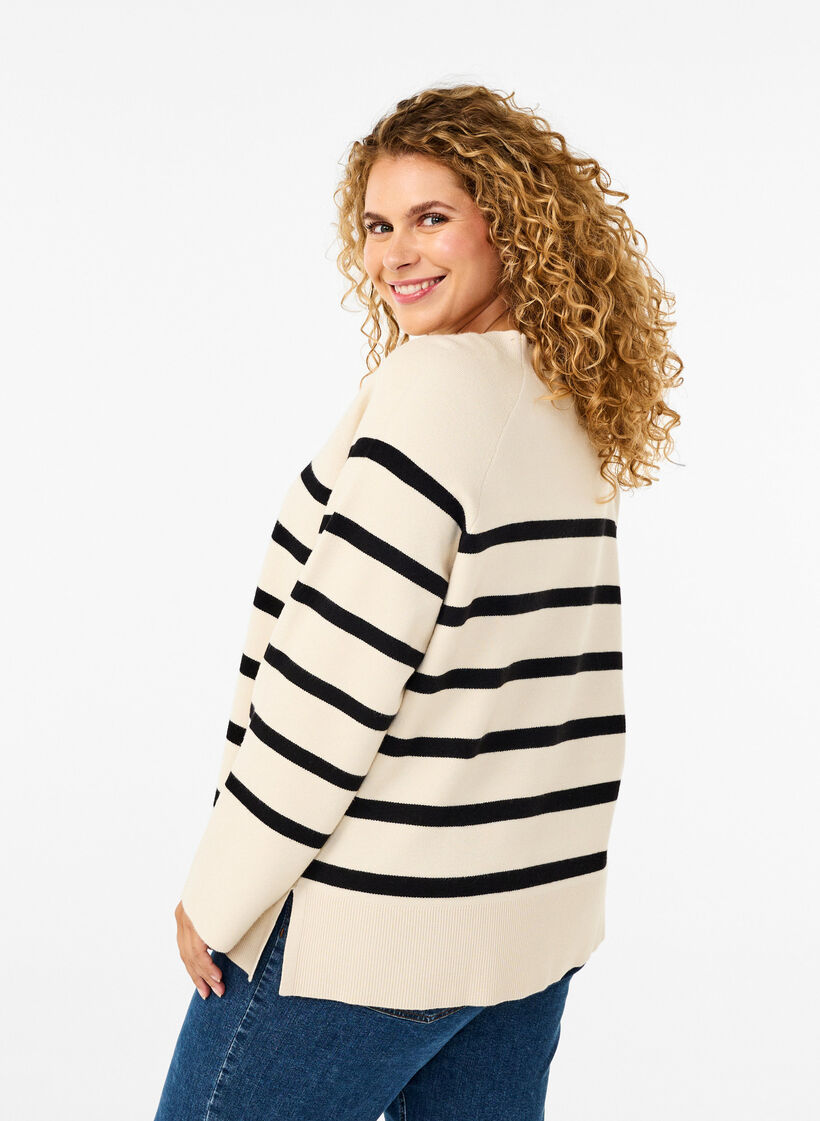 Striped knitted blouse with round neck, Birch w. Black, Model image number 1