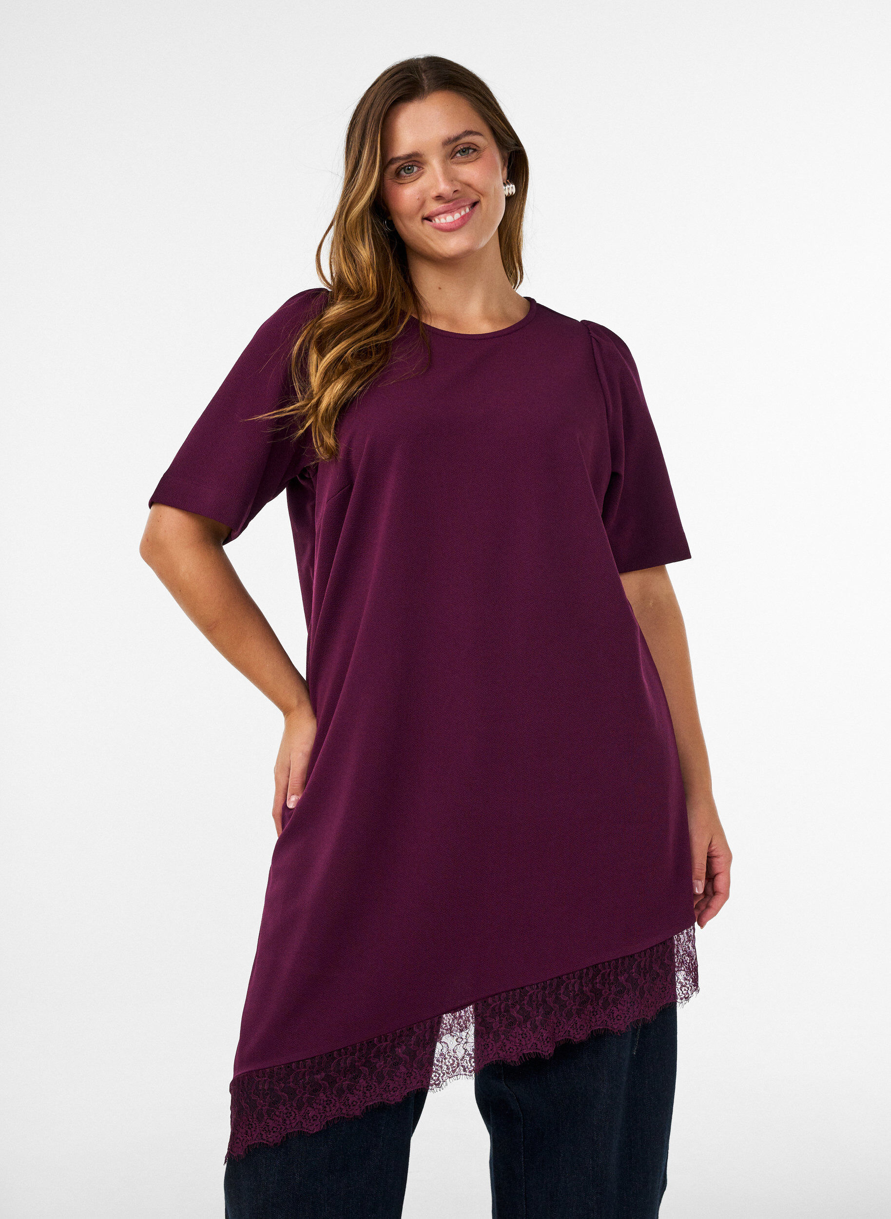 ZizzifashionTunic with asymmetric lace trim, Purple, Model image number 0
