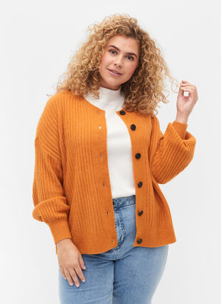 Rib knitted cardigan with buttons, Harvest Pumpkin Mel., Model image number 0