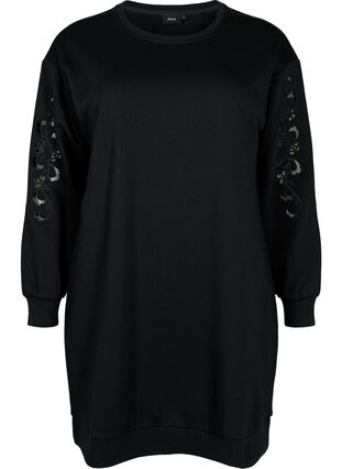 Sweat dress with embroidered details, Black, Packshot image number 0