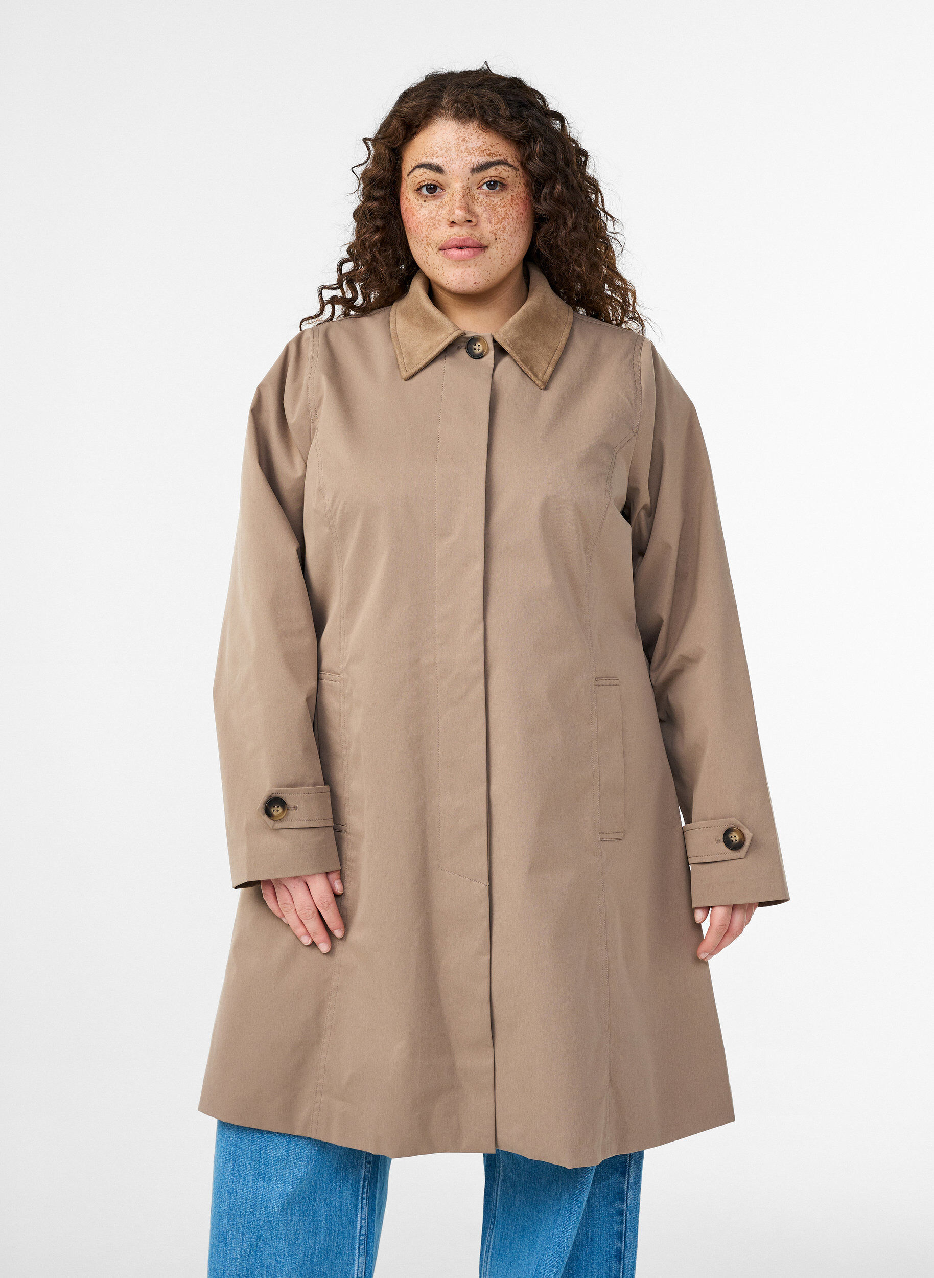 Zizzifashion Spring jacket with faux suede collar and concealed button fastening, Beige, Model image number 2