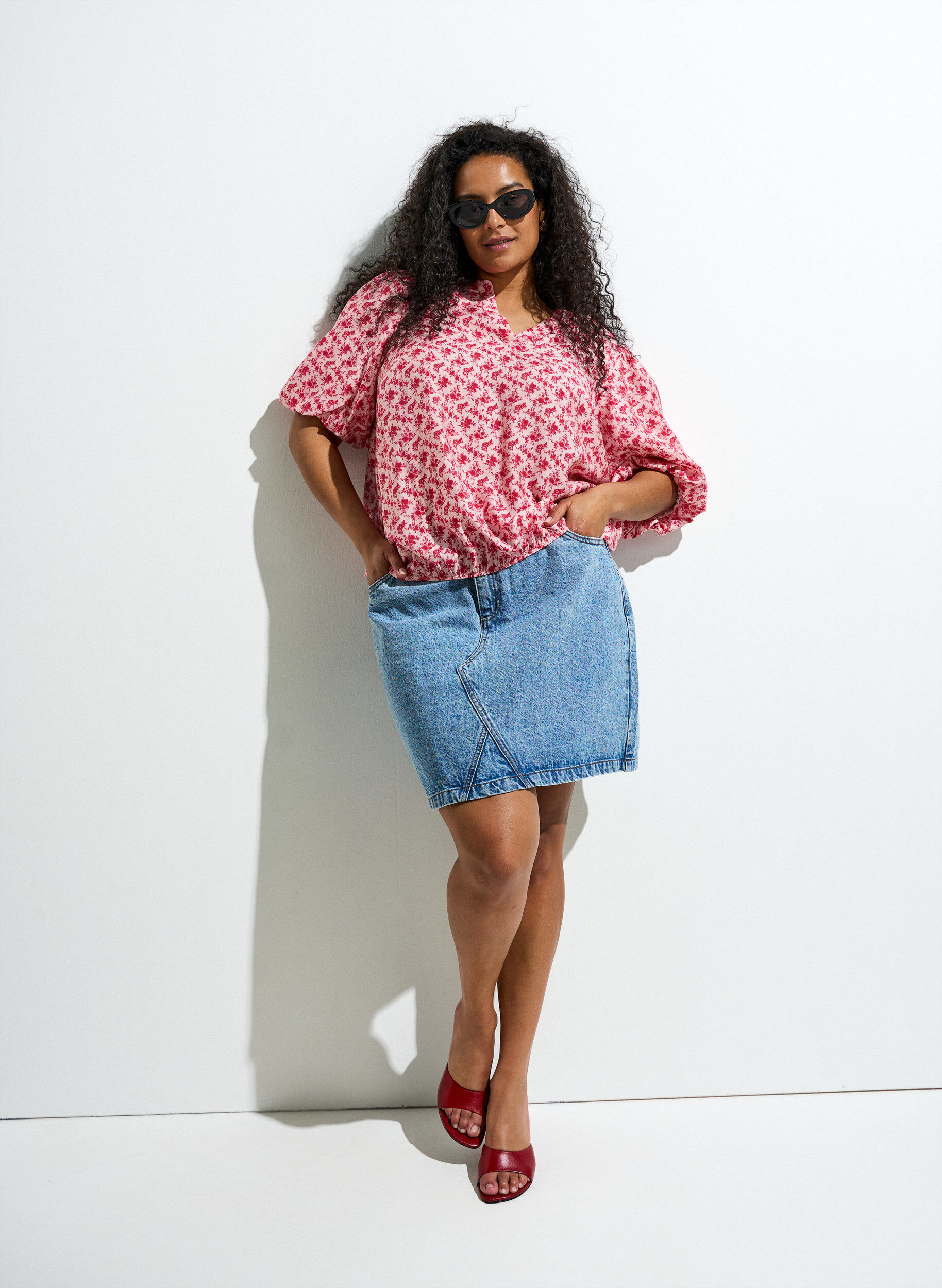 ZizzifashionFloral viscose blouse with balloon sleeves, Red, Image image number 0