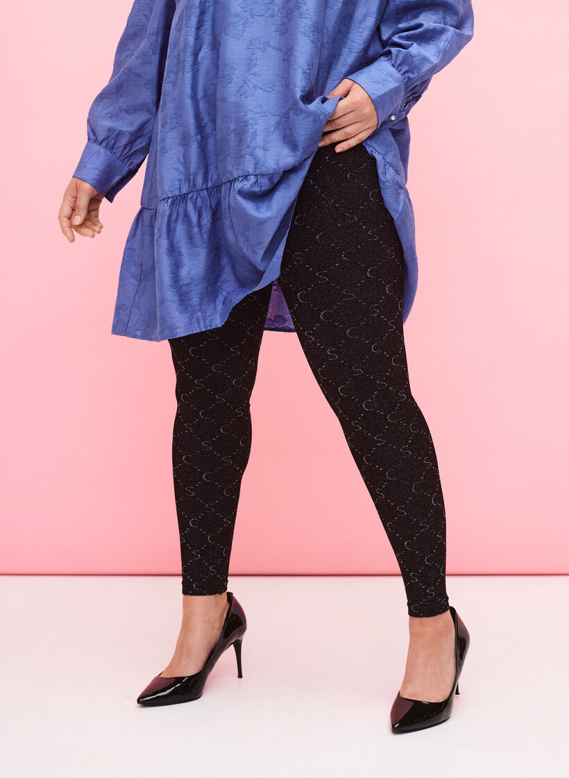 Seamless leggings with silver-colored pattern, Black, Model image number 0