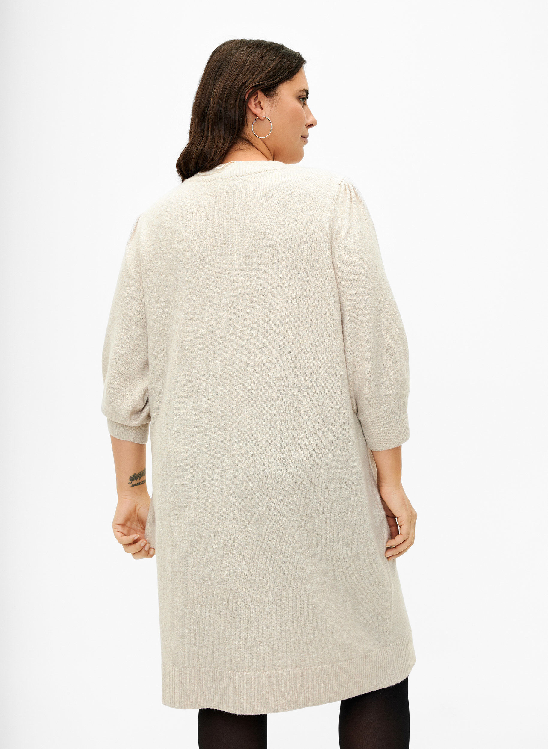 Zizzifashion Knitted dress with 3/4 puff sleeves, Pumice S./White Mel., Model image number 1
