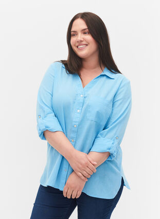 Blouse with 3/4-length sleeves and buttons, Alaskan Blue, Model image number 2