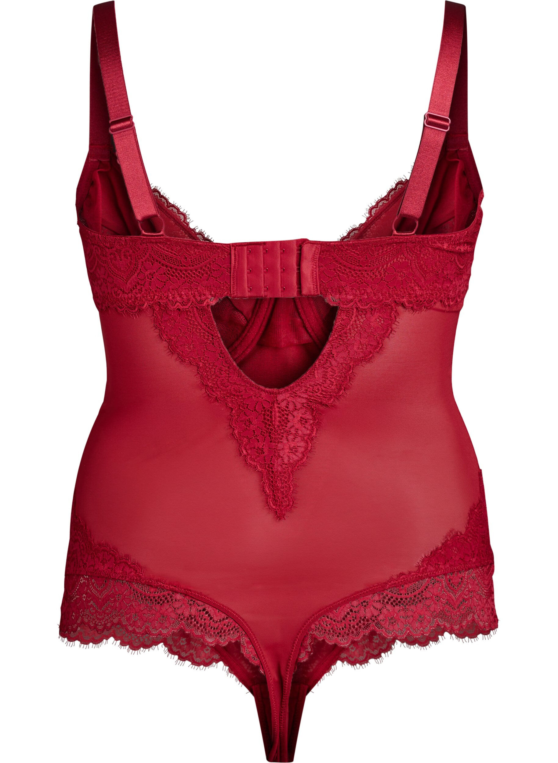 Zizzifashion Mesh bodysuit with lace and underwire, Red, Packshot image number 1