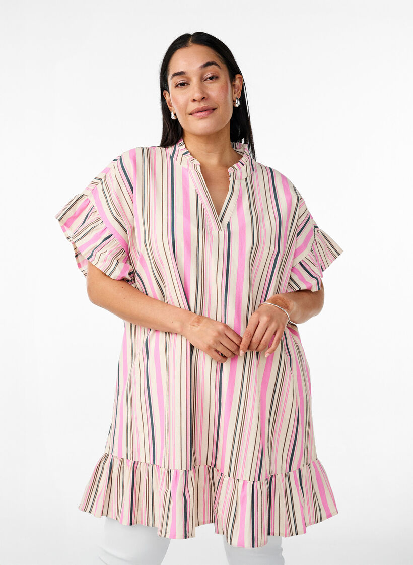 Tunic with V-neck and ruffle details, Vanilla, Model image number 0