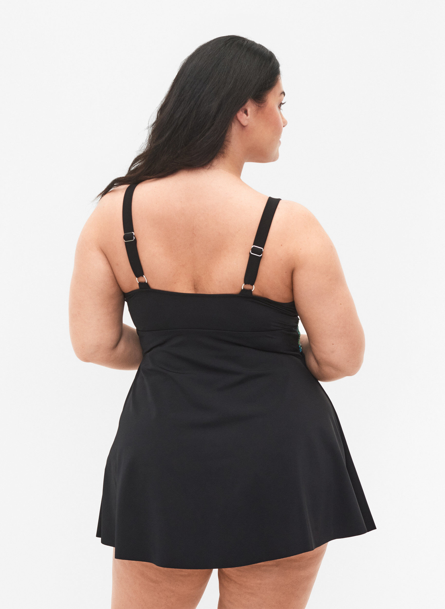 Zizzifashion Swimsuit with loose skirt, Black Blue Leaf, Model image number 1