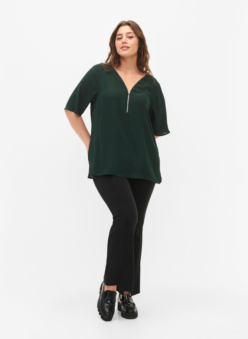 V-neck blouse with zipper, Scarab, Model image number 2