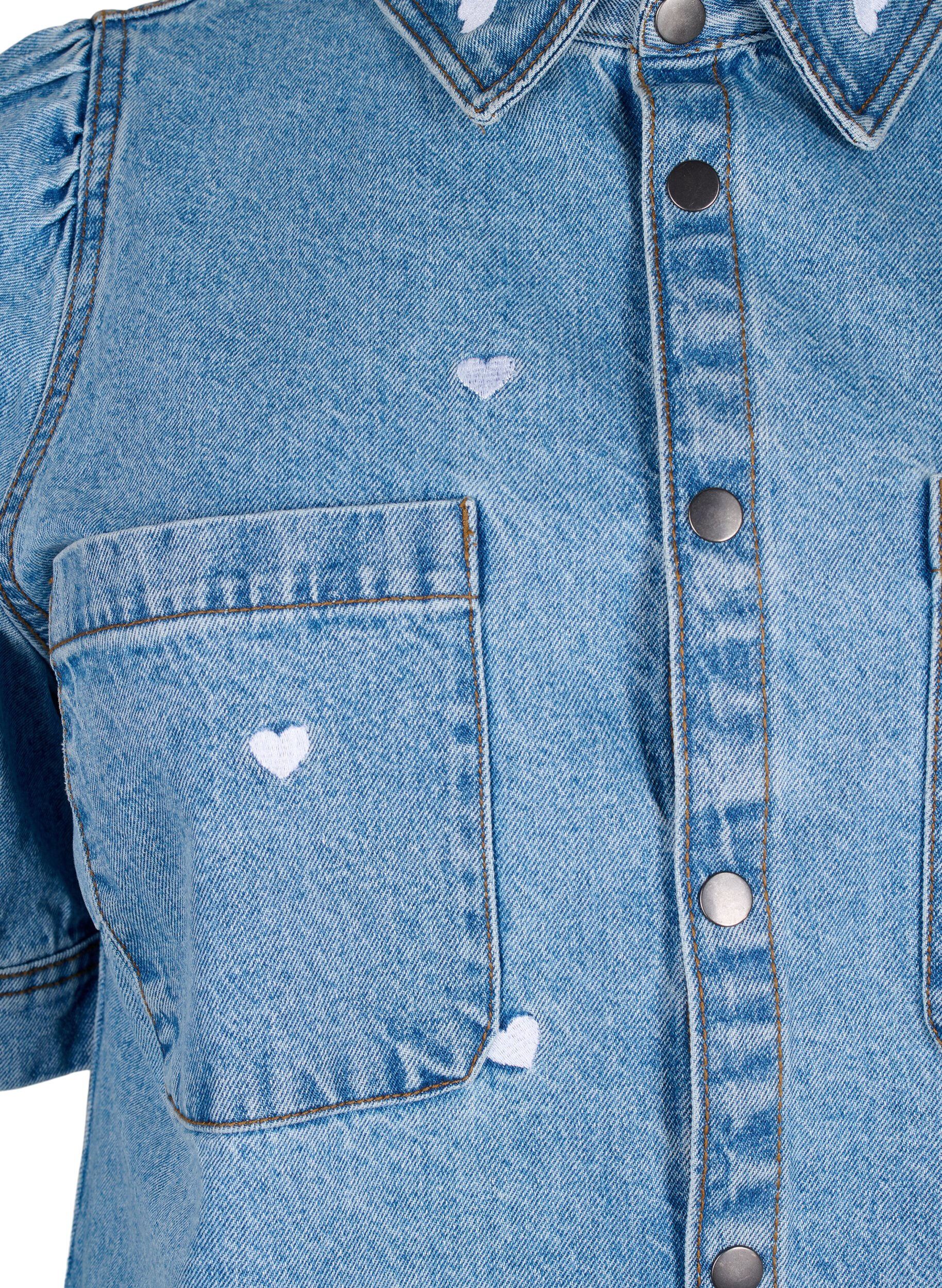 Zizzifashion Denim dress with embroidered hearts, Light blue denim, Packshot image number 2