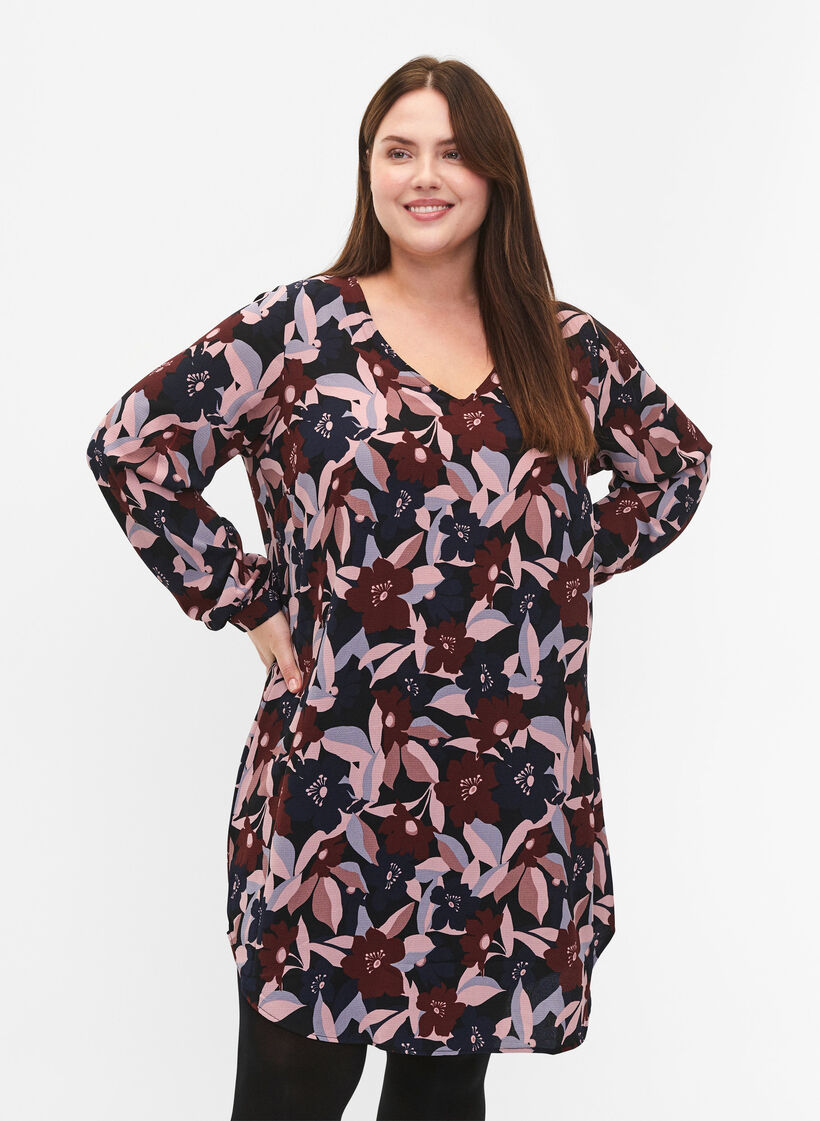V-neck dress with print, Black R. Flower AOP, Model image number 0