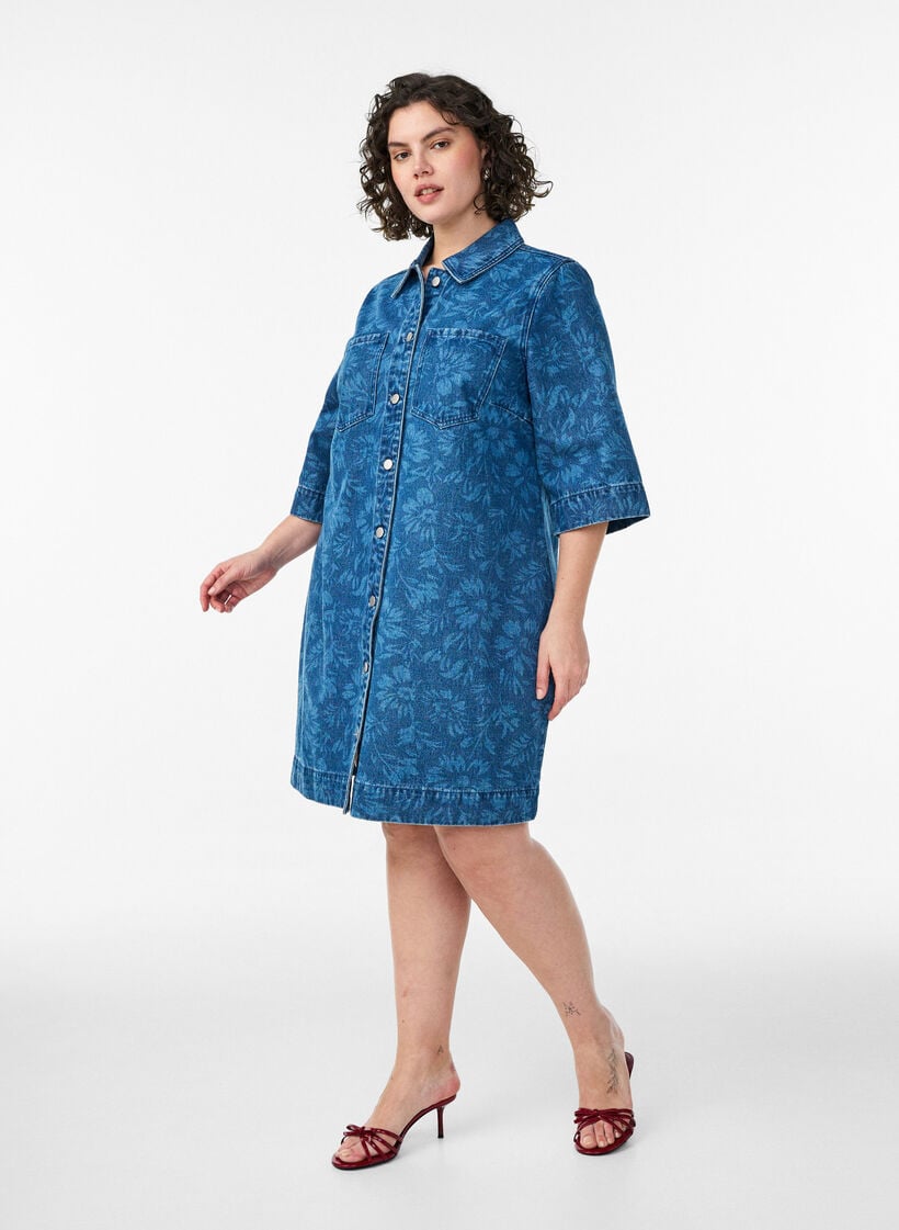 Denim dress with floral print and chest pockets, Blue, Model image number 1