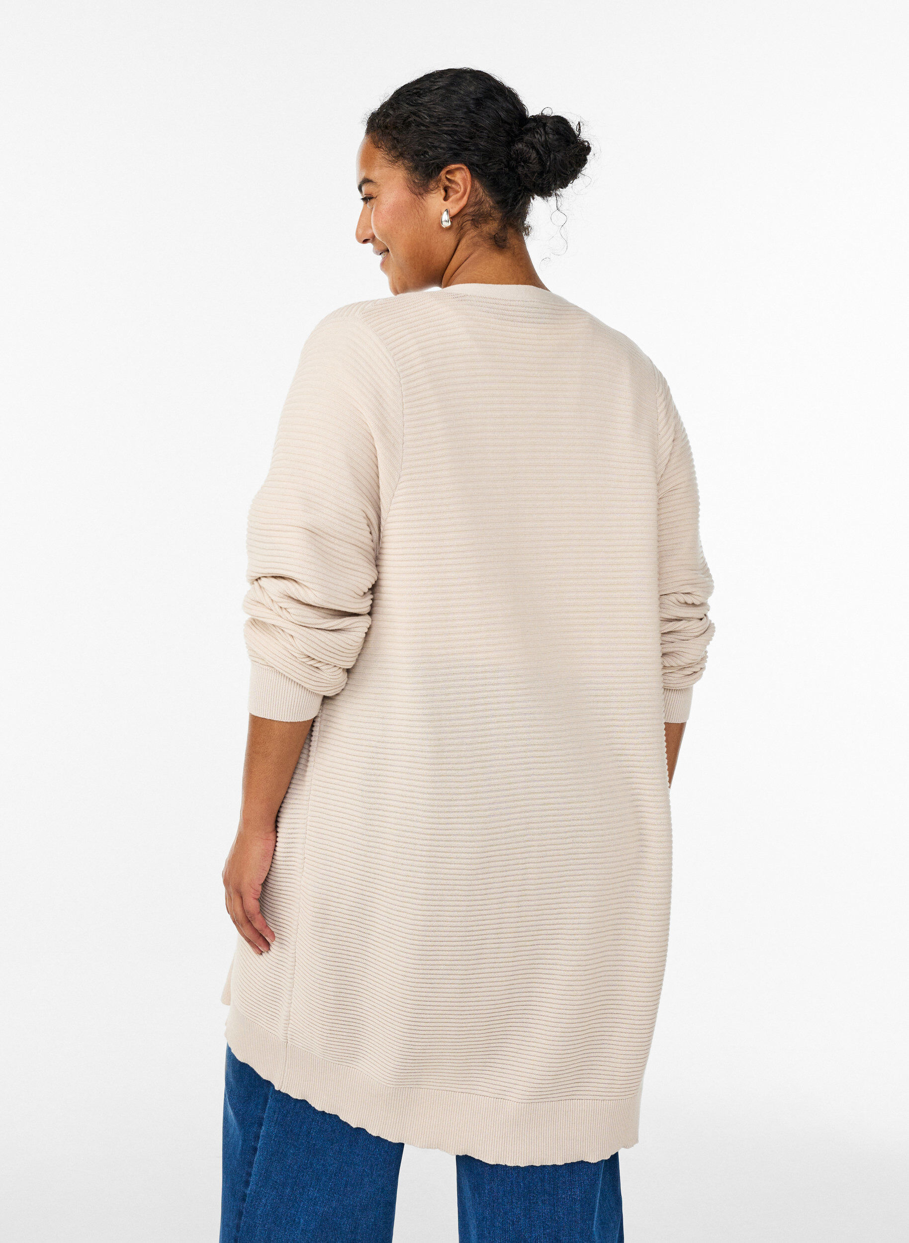 Zizzifashion Long rib-knitted cotton cardigan, Beige, Model image number 2