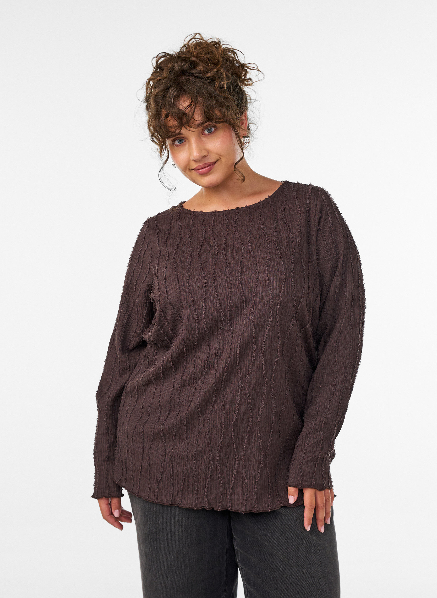 ZizzifashionJersey blouse with a wavy texture, Brown, Model image number 0