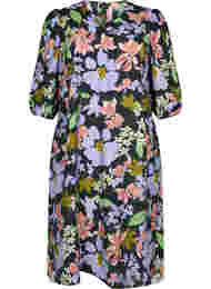 Floral viscose midi dress with 3/4 sleeves, Purple Green Flower, Packshot