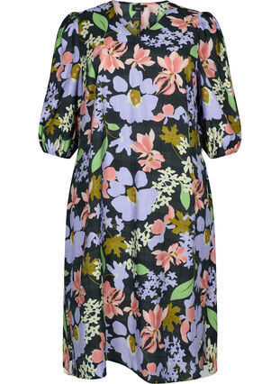 Floral viscose midi dress with 3/4 sleeves, Purple Green Flower, Packshot image number 0