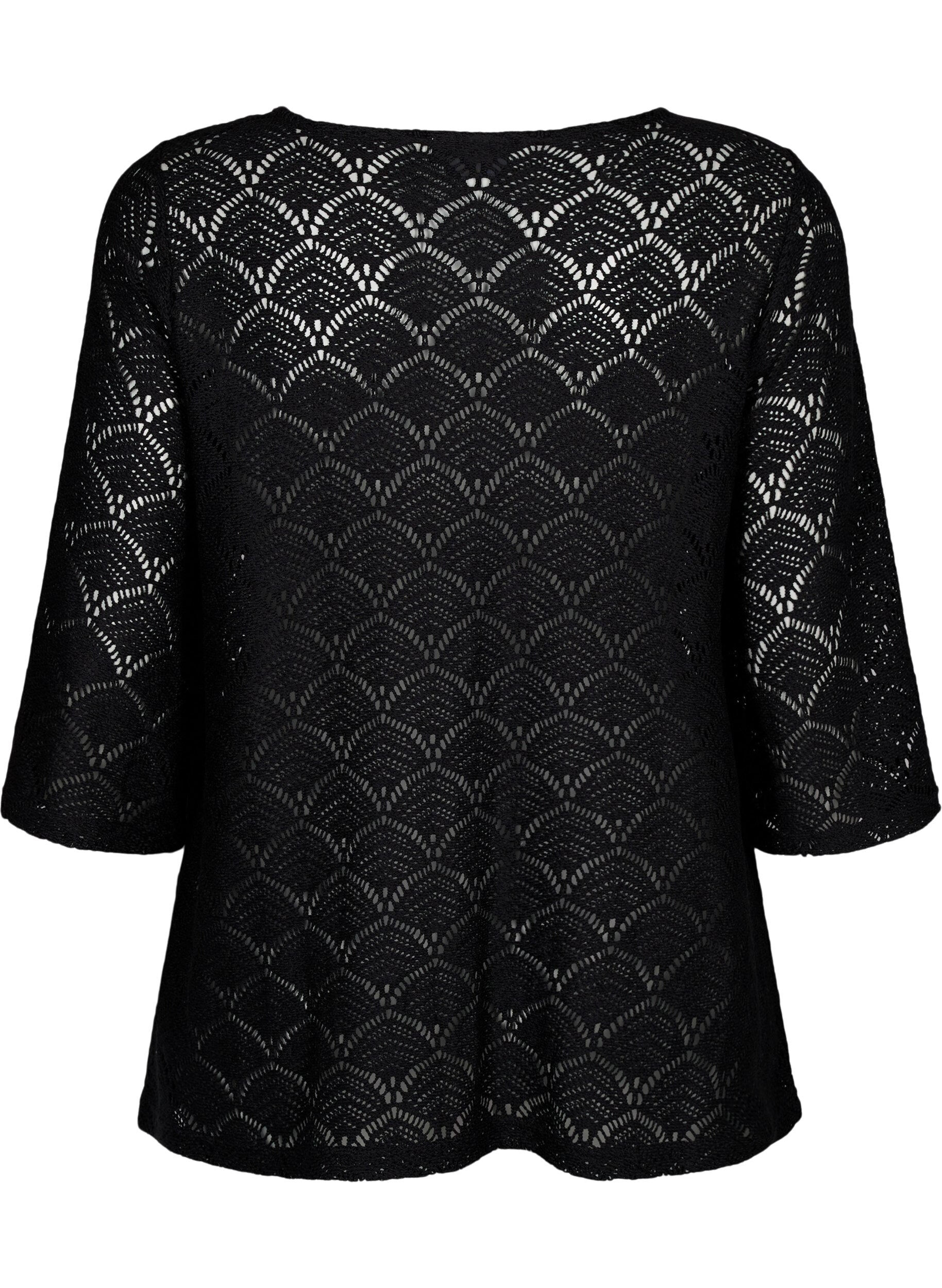 Zizzifashion Crochet blouse with 3/4 sleeves, Black, Packshot image number 1