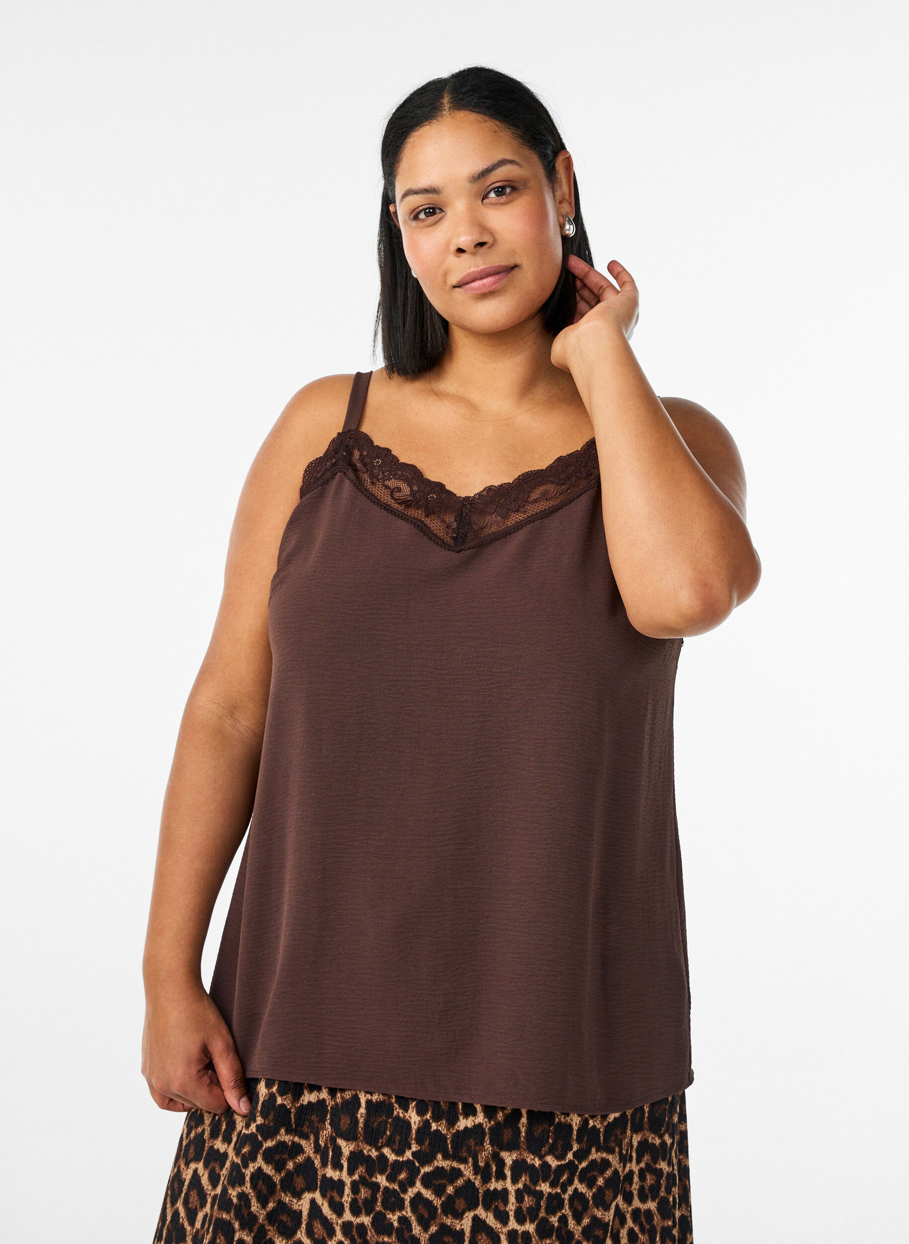 Zizzifashion Cami top with a V-neck and lace trim, Brown, Model image number 0