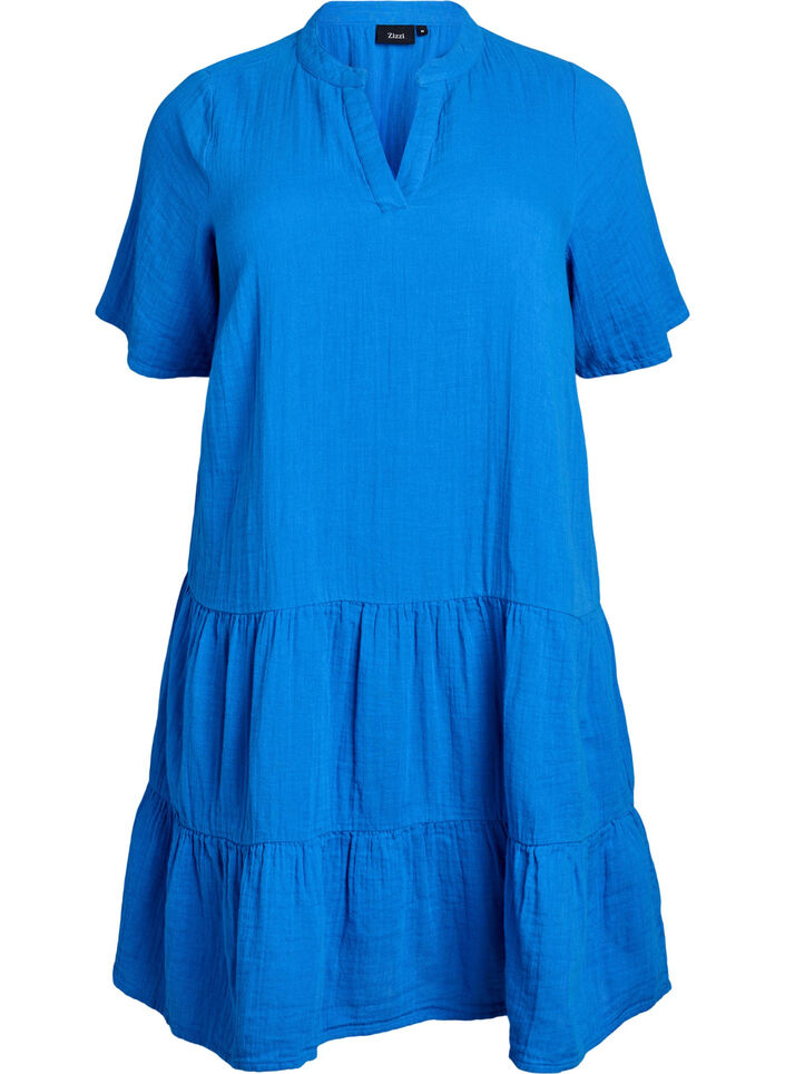 Short A-line dress in cotton muslin, Blue, Packshot image number 0