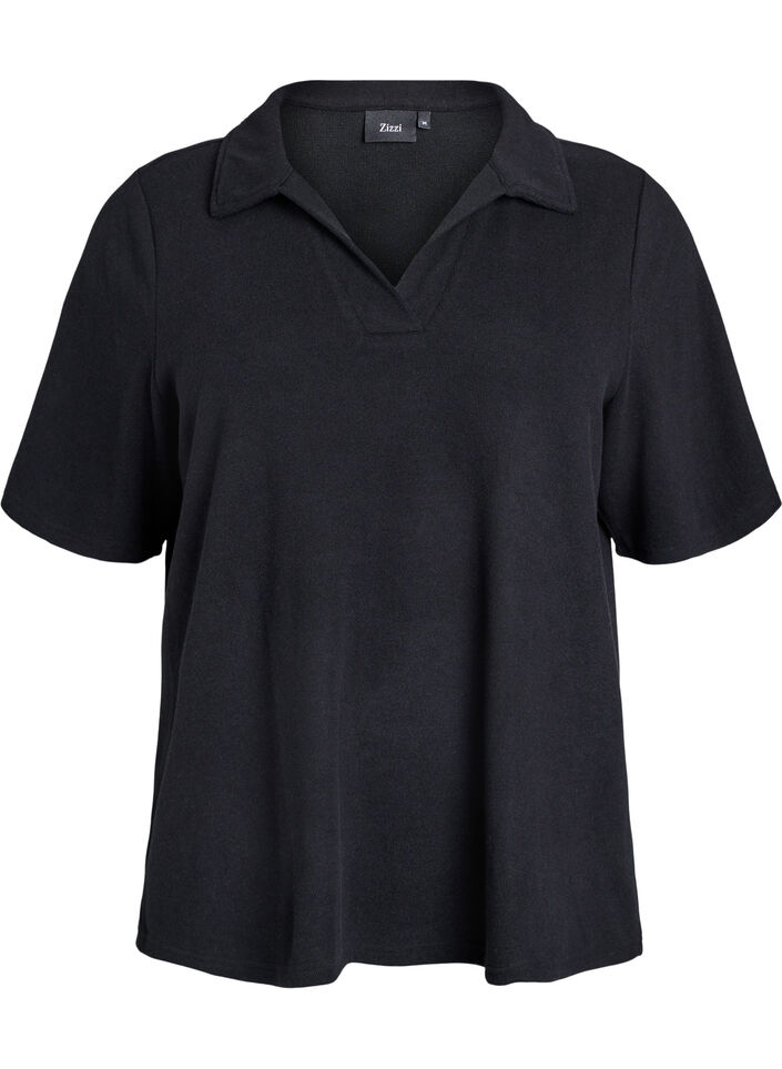 Jersey blouse with collar and short sleeves, Black, Packshot image number 0