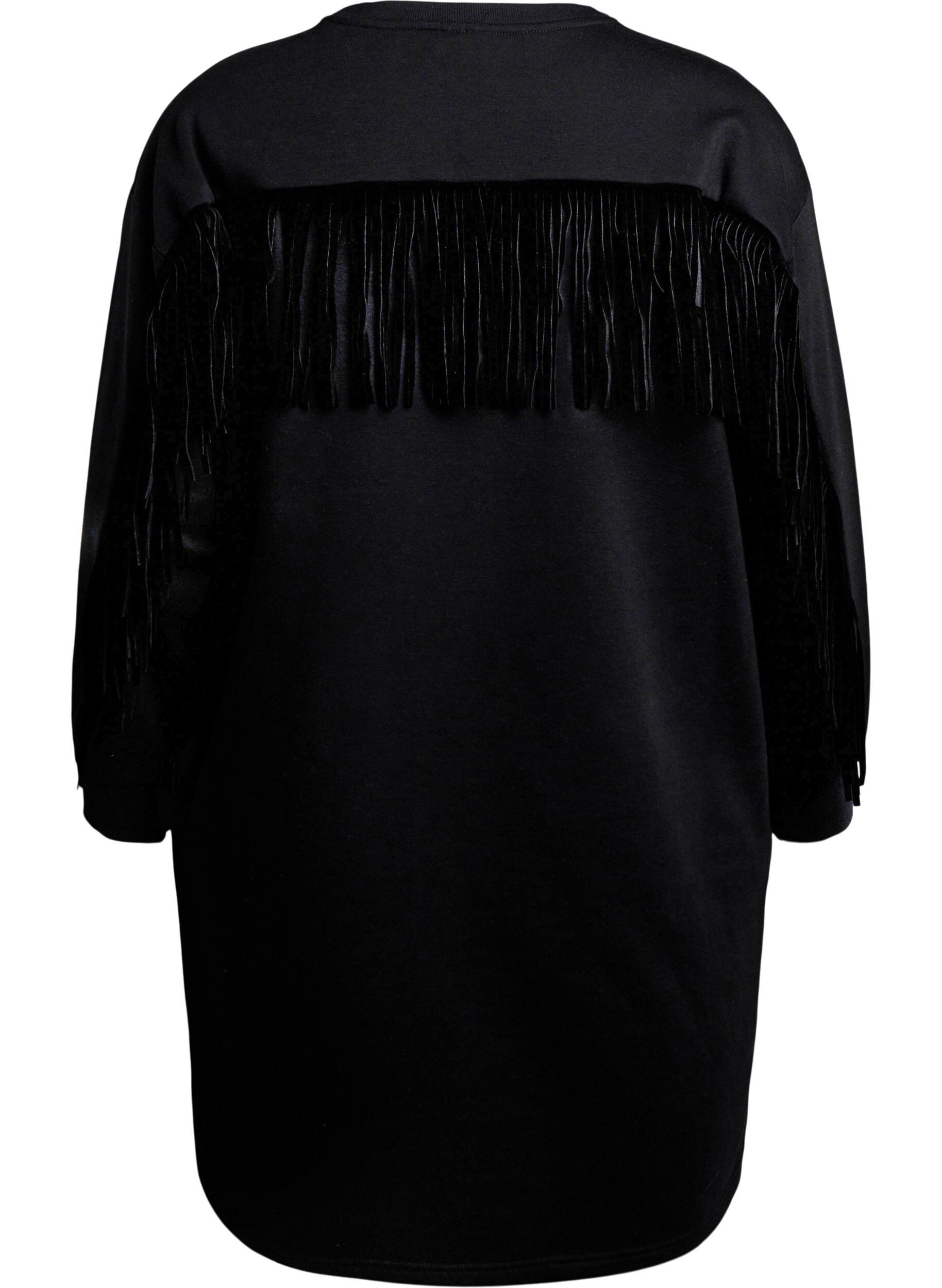 Zizzifashion Knee-length sweat dress with fringes, Black, Packshot image number 1