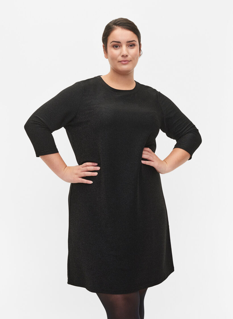 Glitter dress with 3/4 sleeves and round neckline, Black Black, Model