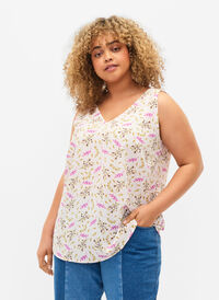 Printed top with v-neck (GRS), Purple AOP, Model