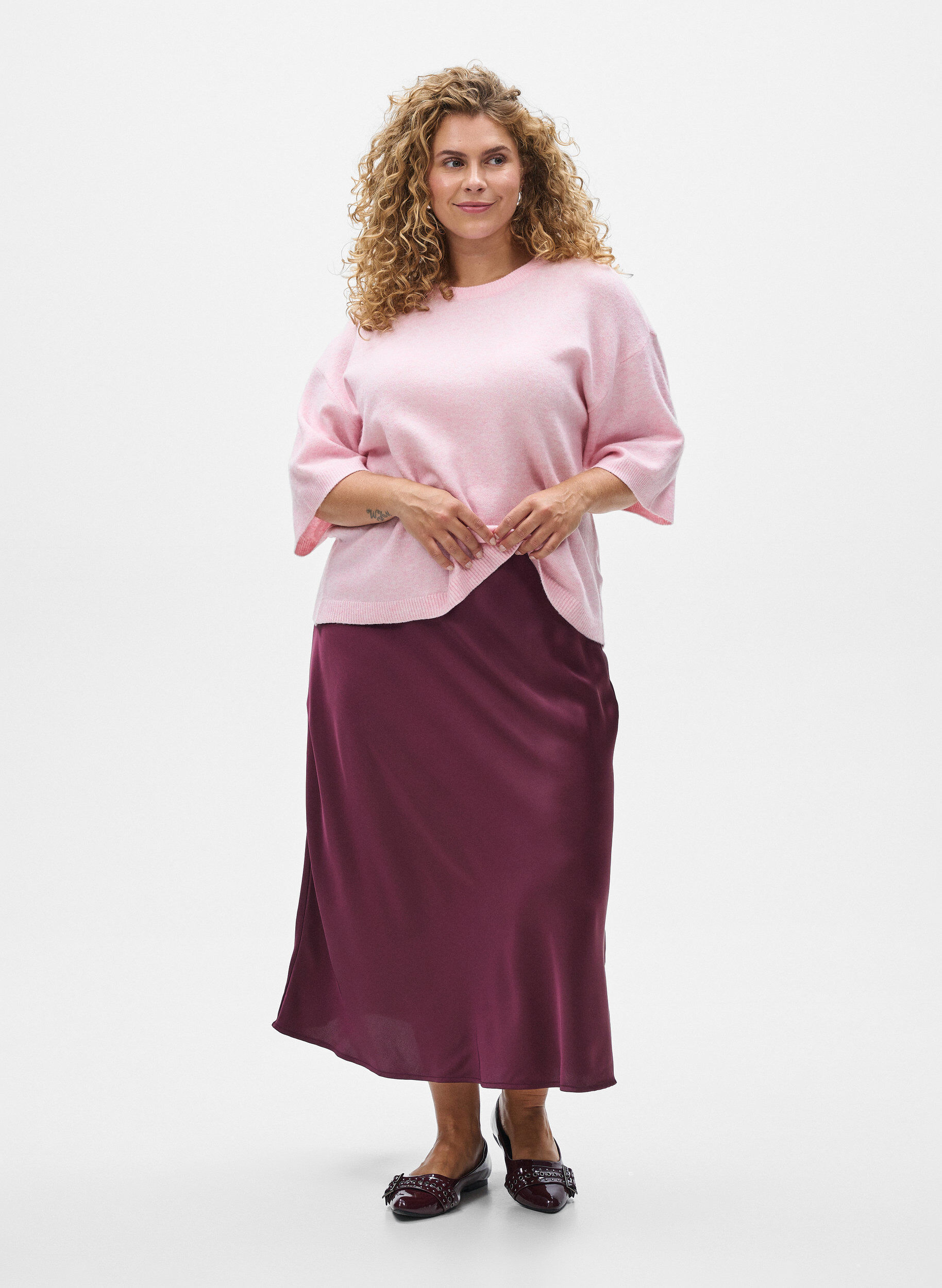 ZizzifashionLoose knitted blouse with short sleeves, Rose, Model image number 1