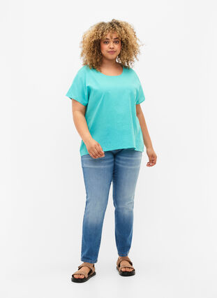 Short-sleeved blouse in cotton blend with linen, Turquoise, Model image number 2