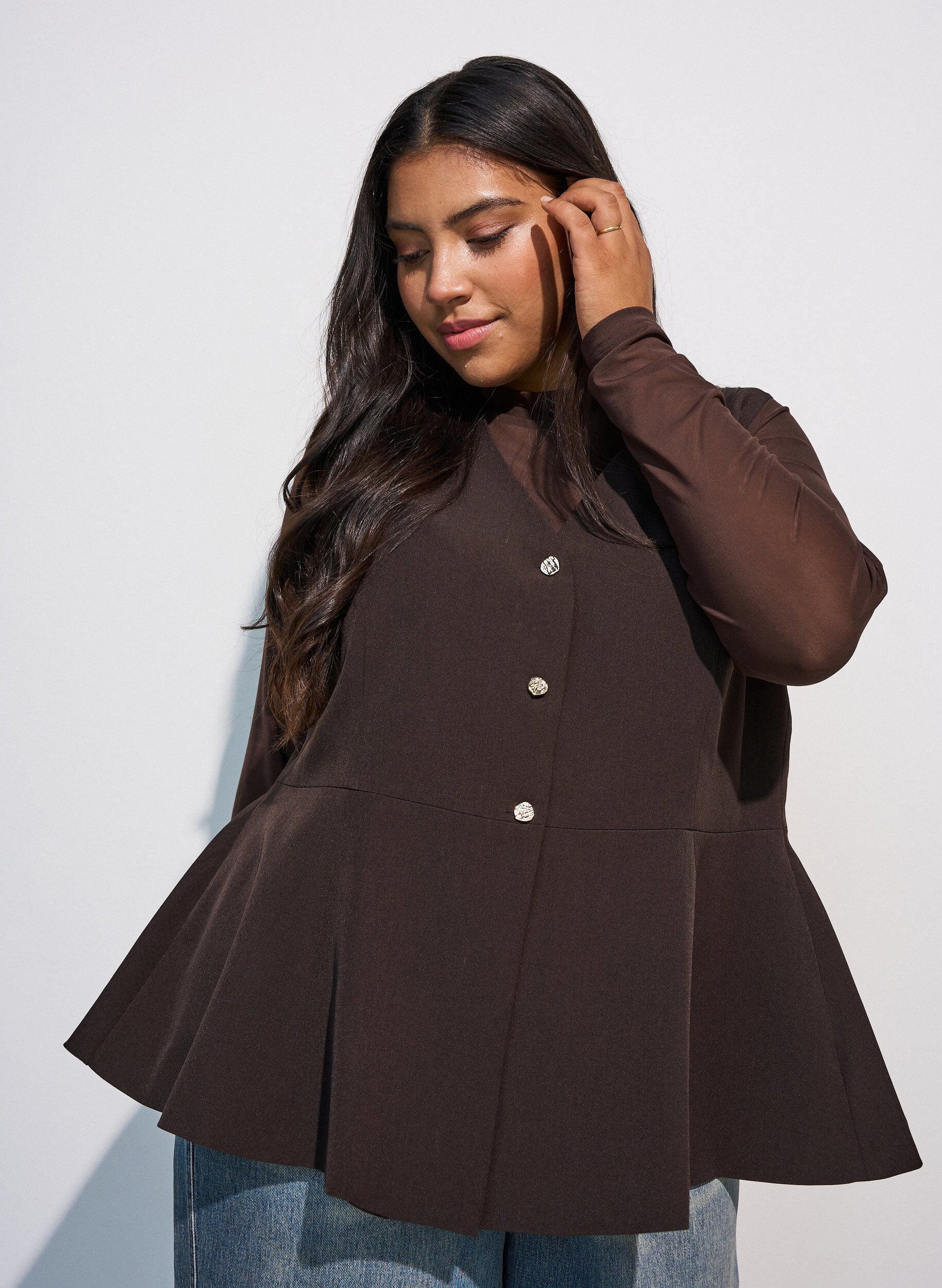 Pinstriped waistcoat with peplum, Brown, Model