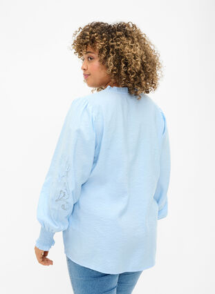 Blouse with ruffles and broderie anglaise, Chambray Blue, Model image number 1