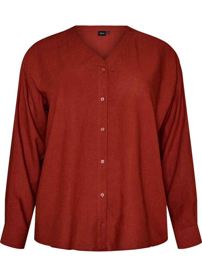 Blouse in linen and viscose with V-neck, Red, Packshot