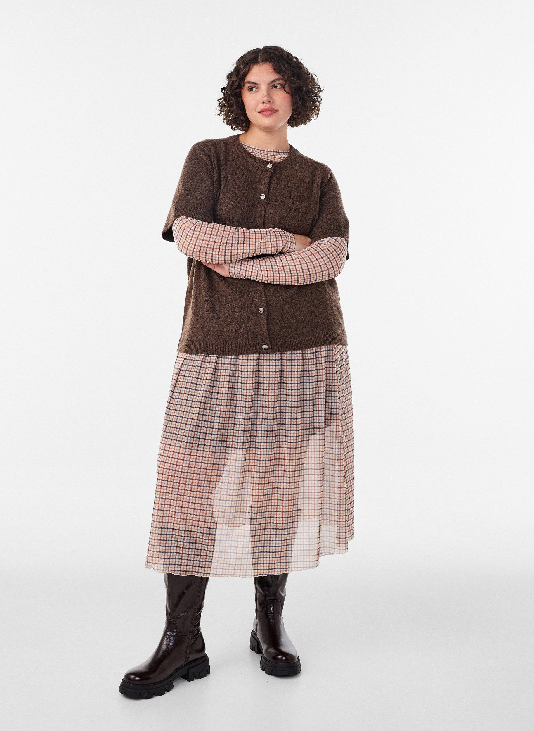 Checked mesh midi skirt, Beige, Model