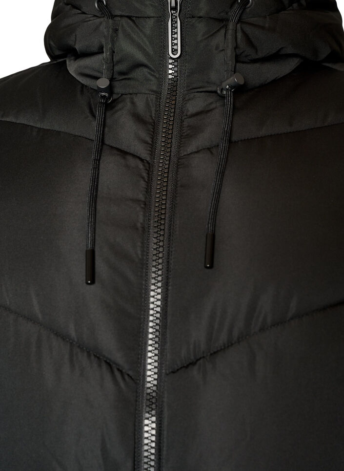 Long puffer coat with hood and pockets, Black, Packshot image number 2