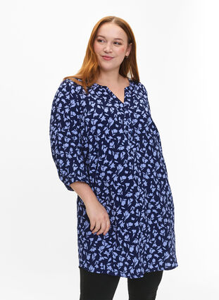 Floral tunic with 3/4 sleeves, M. Blue Flower AOP, Model image number 0