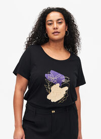 Cotton T-shirt with a motif, Black w. Face Foil, Model