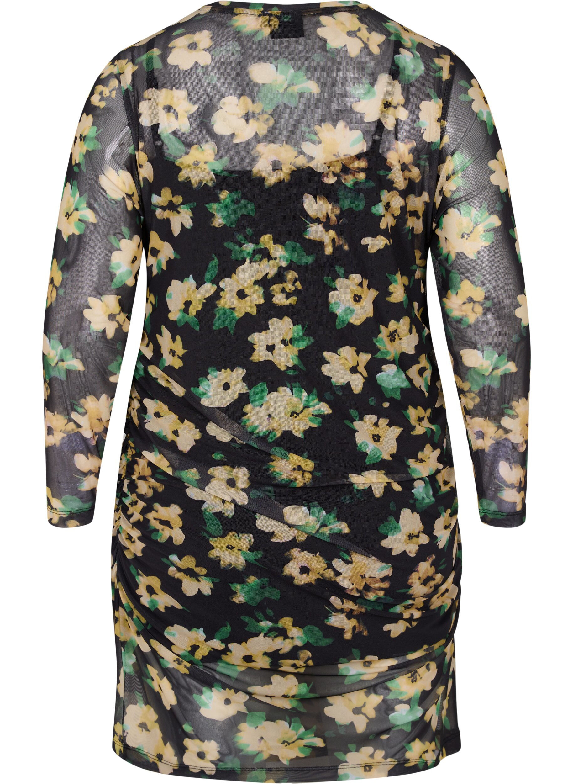 Zizzifashion Close-fitting mesh dress with 3/4 sleeves, Yellow Green AOP, Packshot image number 1