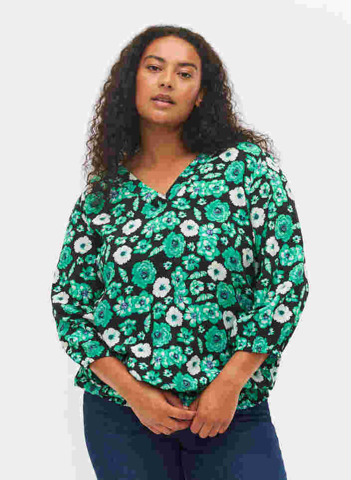 Floral viscose blouse with smocking, Green Flower AOP, Model image number 0