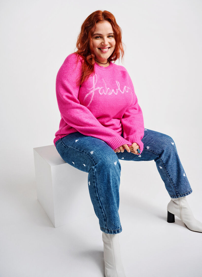 Knitted blouse with embroidered text, Raspberry Rose, Image image number 0