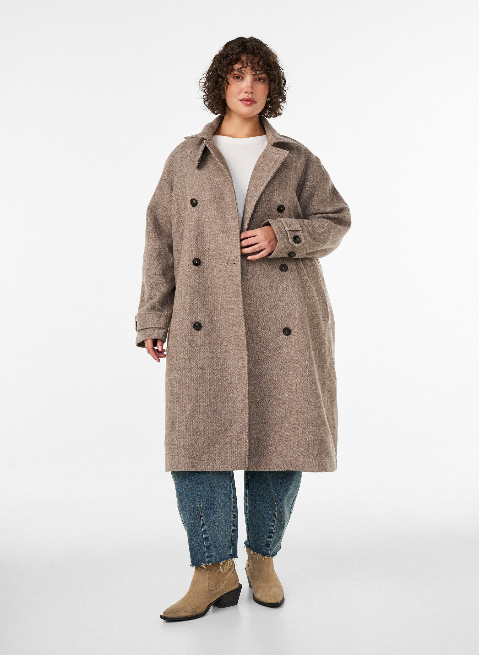 ZizzifashionLong wool coat with a high collar and double-breasted design, Brown, Model image number 1
