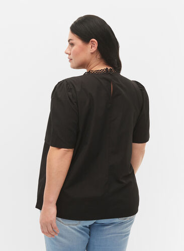Blouse with anglaise embroidery and 1/2 sleeves, Black, Model image number 1