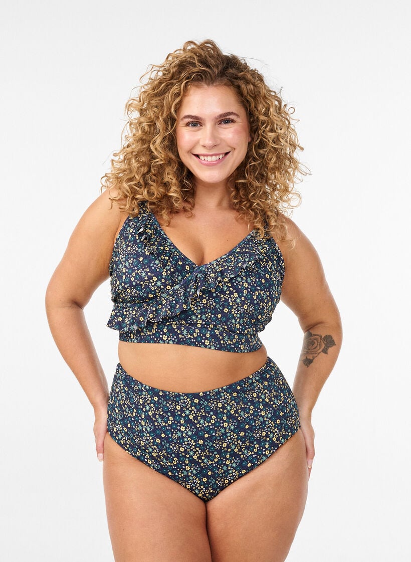 Floral bikini top with ruffle detail, Petrol, Model image number 1
